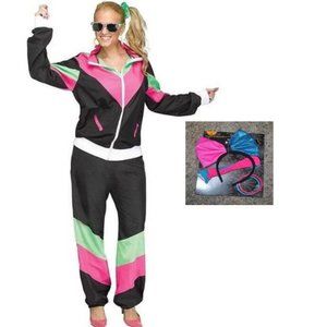 80's Track Suit & Accessory Halloween Costume M/L Retro Disco Diva 3 Pc Womens